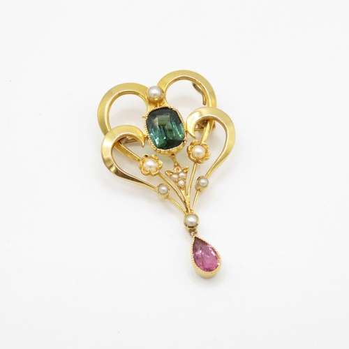 80 - 15ct gold Edwardian suffragette brooch set with pink & green tourmaline and seed pearls (6.1g)