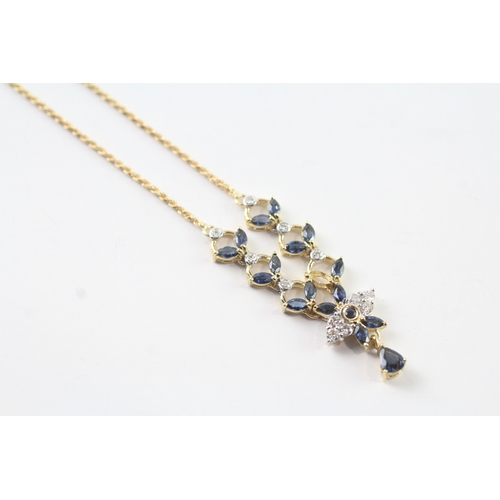 108 - 18ct gold diamond & sapphire floral necklace (6.9g) Size I