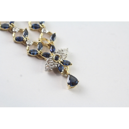 108 - 18ct gold diamond & sapphire floral necklace (6.9g) Size I