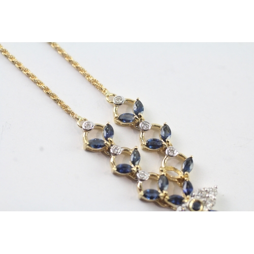 108 - 18ct gold diamond & sapphire floral necklace (6.9g) Size I