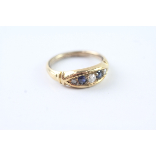 23 - 18ct gold vintage sapphire and diamond dress ring w/ 9ct gold repair to band (3.4g) Size J 1/2