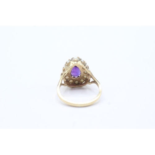 73 - 9ct gold pearl & amethyst cluster dress ring (3.5g) Size M