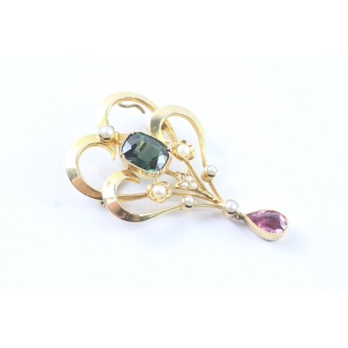 80 - 15ct gold Edwardian suffragette brooch set with pink & green tourmaline and seed pearls (6.1g)