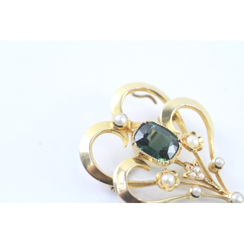 80 - 15ct gold Edwardian suffragette brooch set with pink & green tourmaline and seed pearls (6.1g)