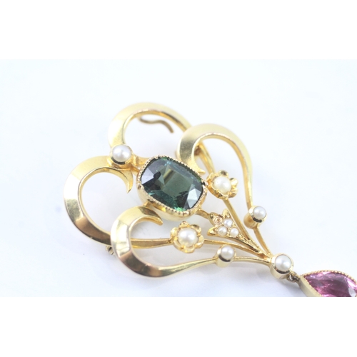 80 - 15ct gold Edwardian suffragette brooch set with pink & green tourmaline and seed pearls (6.1g)