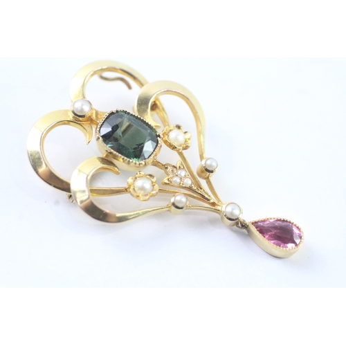 80 - 15ct gold Edwardian suffragette brooch set with pink & green tourmaline and seed pearls (6.1g)