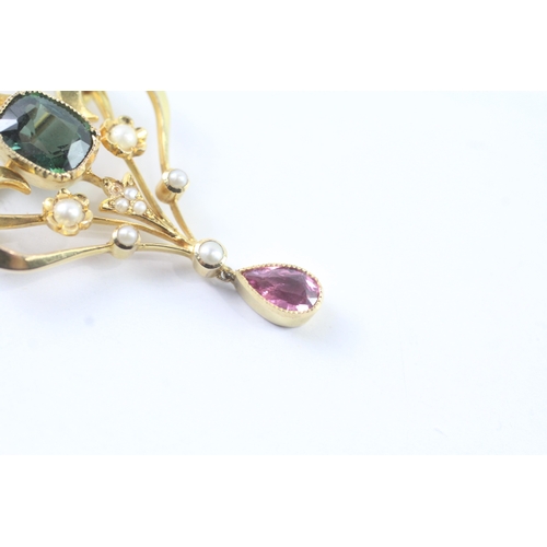 80 - 15ct gold Edwardian suffragette brooch set with pink & green tourmaline and seed pearls (6.1g)