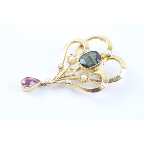 80 - 15ct gold Edwardian suffragette brooch set with pink & green tourmaline and seed pearls (6.1g)