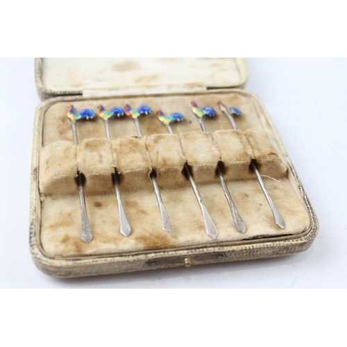 329 - 6 x Vintage .925 Sterling Silver Novelty Enamel Cocktrail Sticks Cased (18g)