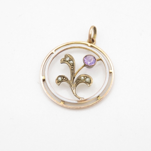 126 - 9ct gold Edwardian amethyst & seed pearl pendant (1.8g)