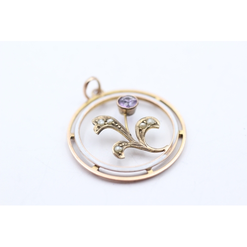 126 - 9ct gold Edwardian amethyst & seed pearl pendant (1.8g)