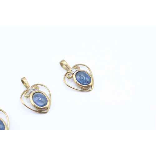 13 - 3x 9ct gold cabochon cut sapphire & diamond heart shape charms (1.1g)