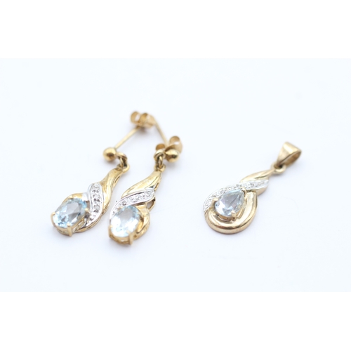 189 - 2x 9ct gold blue gemstone & diamond earrings & necklace set (3g)