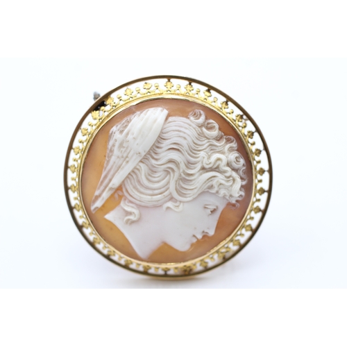 2 - 12ct gold shell cameo set brooch (18.3g)