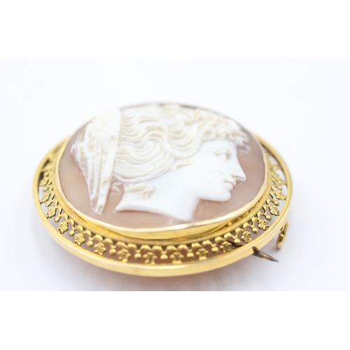 2 - 12ct gold shell cameo set brooch (18.3g)