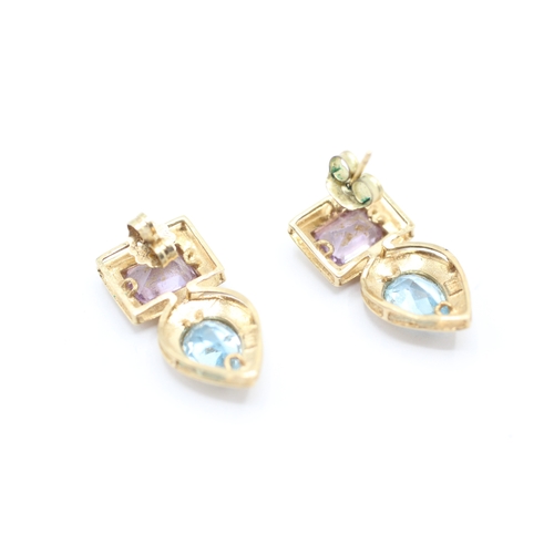 20 - 14ct gold blue topaz & amethyst drop earrings (3g)