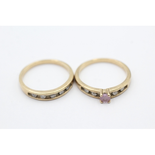 21 - 2x 9ct gold pink gemstone & diamond rings (4.1g) Size N