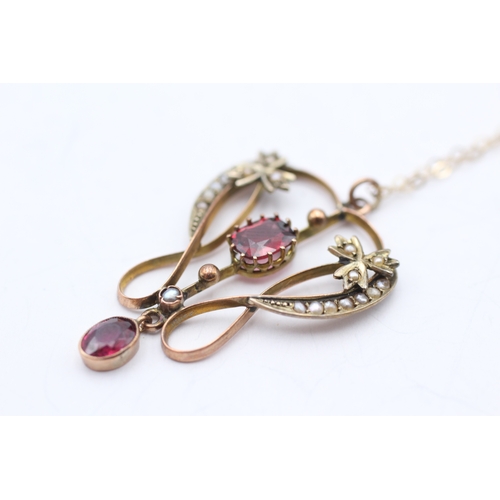 236 - 9ct gold seed pearl & red gemstone lavalliere pendant necklace (2.9g)