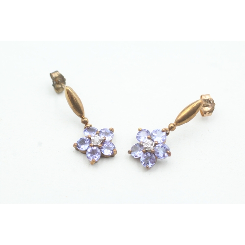 24 - 9ct gold tanzanite & diamond drop earrings (1.8g)