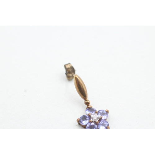 24 - 9ct gold tanzanite & diamond drop earrings (1.8g)