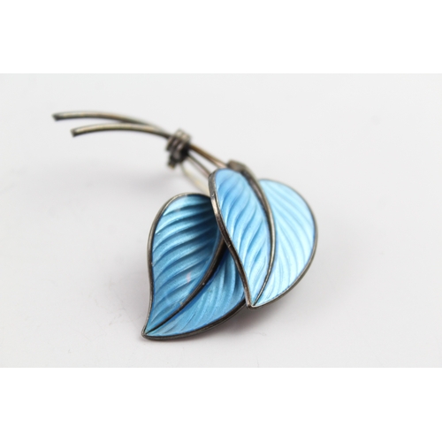 264 - Hans Myhre Norway Sterling Silver Blue Enamel Foliate Brooch 10g