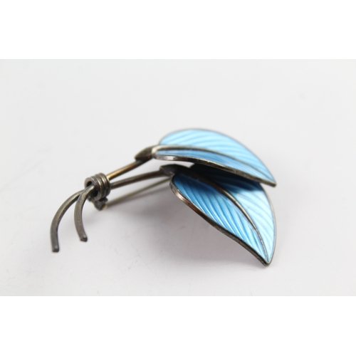 264 - Hans Myhre Norway Sterling Silver Blue Enamel Foliate Brooch 10g