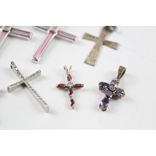 272 - Collection of Sterling Silver Cross Pendants inc. Gemstone, Etched x 10 48g