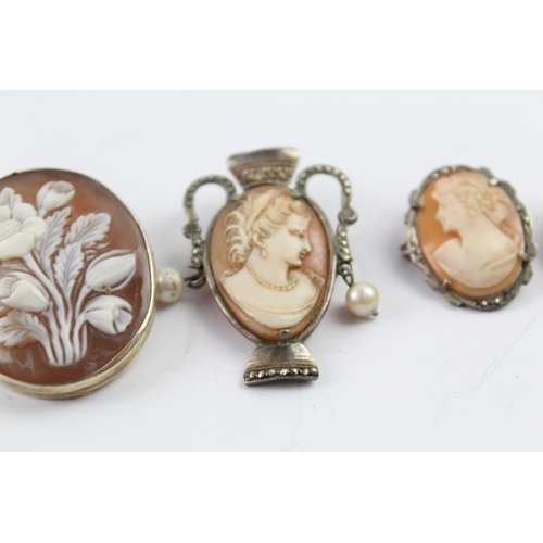 274 - Collection of Silver Shell Cameo Brooches inc. Urn, Marcasite x 4 21g