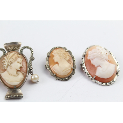 274 - Collection of Silver Shell Cameo Brooches inc. Urn, Marcasite x 4 21g