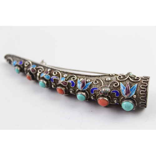 288 - Chinese Export Silver Stone Set Finger Guard Brooch 14g