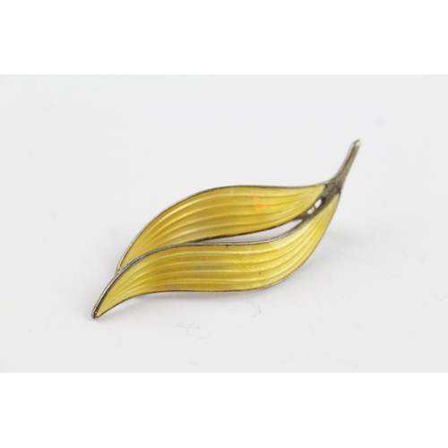 305 - Aksel Holmsen Norway Sterling Silver Yellow Enamel Foliate Brooch 7g