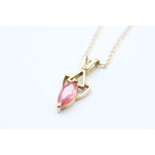 55 - 18ct gold marquise cut enhanced padparadscha sapphire pendant with a 9ct gold curb link chain (3.1g)