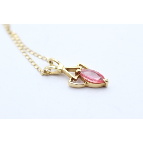 55 - 18ct gold marquise cut enhanced padparadscha sapphire pendant with a 9ct gold curb link chain (3.1g)