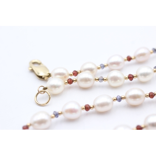 8 - 9ct gold cultured pearl, ruby & sapphire necklace (37g)