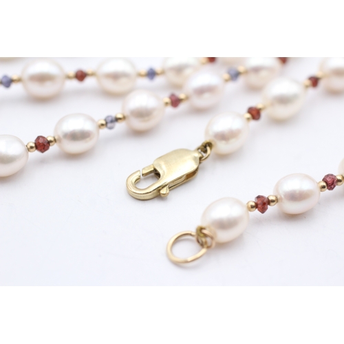 8 - 9ct gold cultured pearl, ruby & sapphire necklace (37g)