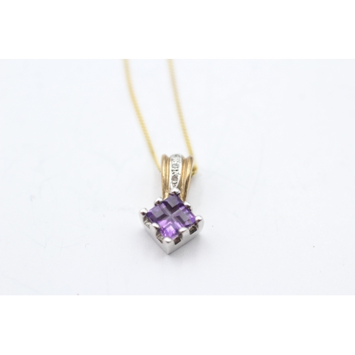 88 - 9ct gold amethyst & diamond pendant necklace (2.4g)