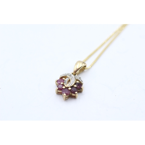 94 - 9ct gold ruby & diamond cluster pendant necklace (2.3g)