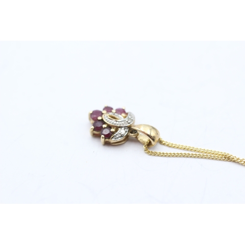 94 - 9ct gold ruby & diamond cluster pendant necklace (2.3g)