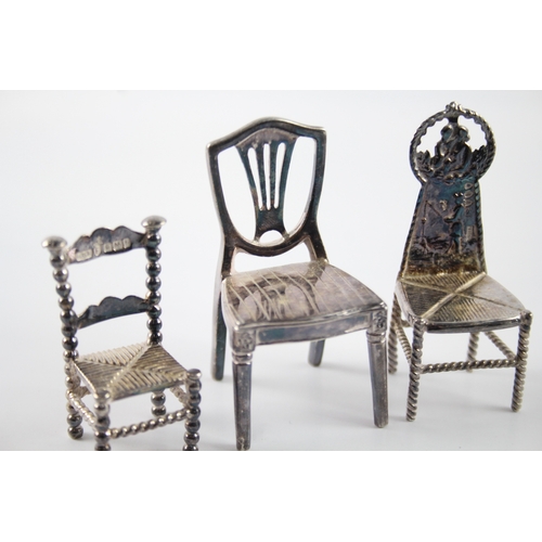 339 - 3 x Antique / Vintage .925 Sterling Silver Miniature Doll's House Chairs (62g)