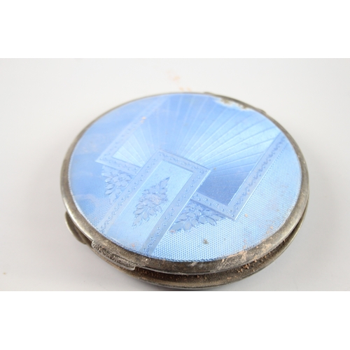 355 - Vintage .800 Silver Double Sided Blue Guilloche Enamel Vanity Compact (149g)