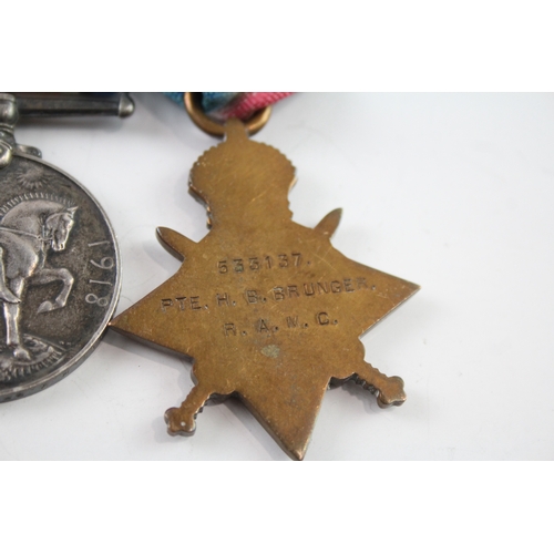 387 - WW1 Mounted 1914-15 Star Medal Trio, Star Pte HB Brunger RAMC, Pair HV Brunger