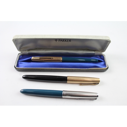 492 - 3 x Vintage Parker 51 Fountain Pens 14ct Gold Nibs WRITING Inc Rolled Gold Etc