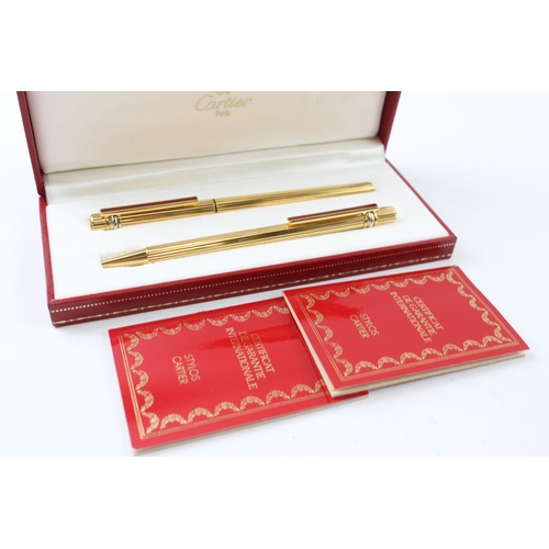 494 - Vintage Must De Cartier Gold Plated Fountain Pen Set w/ 18ct Gold Nib, Ballpoint