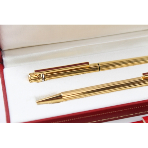 494 - Vintage Must De Cartier Gold Plated Fountain Pen Set w/ 18ct Gold Nib, Ballpoint