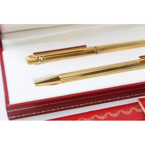 494 - Vintage Must De Cartier Gold Plated Fountain Pen Set w/ 18ct Gold Nib, Ballpoint