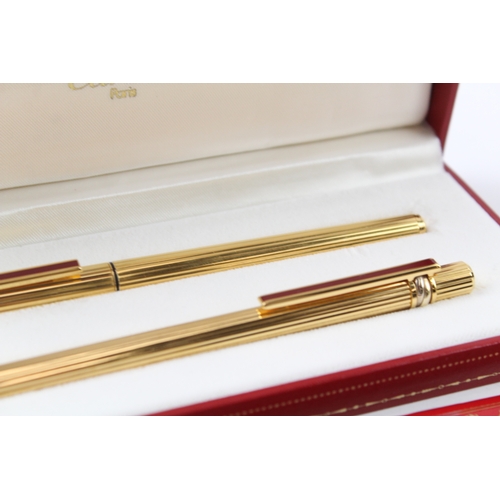 494 - Vintage Must De Cartier Gold Plated Fountain Pen Set w/ 18ct Gold Nib, Ballpoint