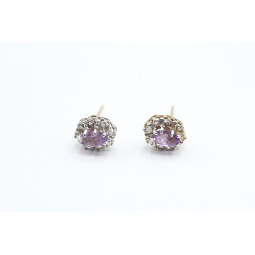 104 - 2x 9ct gold amethyst & diamond cluster stud earrings & necklace (1.8g)