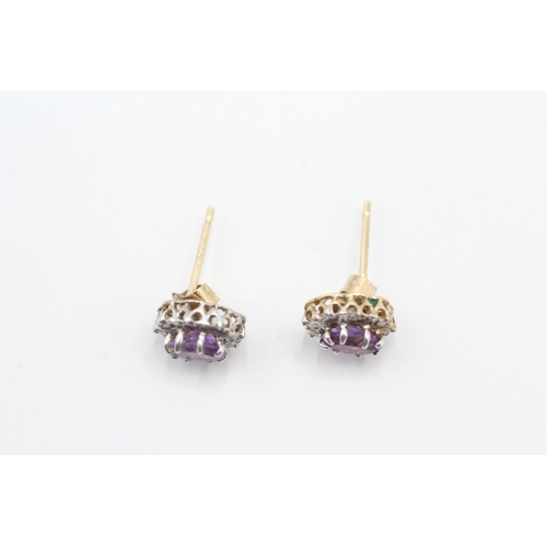 104 - 2x 9ct gold amethyst & diamond cluster stud earrings & necklace (1.8g)