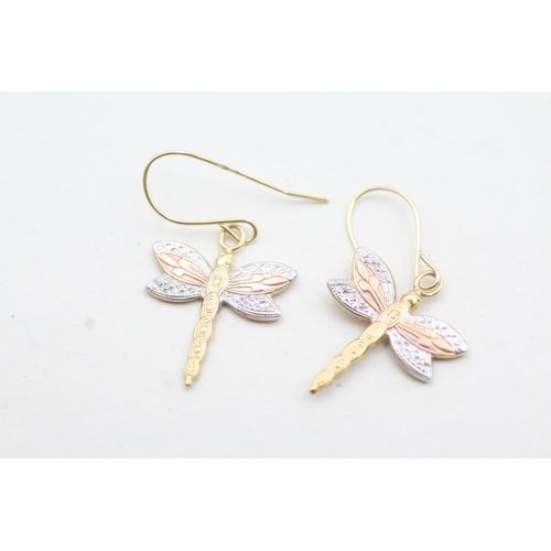 105 - 9ct tri-colour drop dragonfly drop earrings (0.5g)