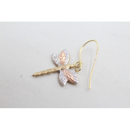 105 - 9ct tri-colour drop dragonfly drop earrings (0.5g)